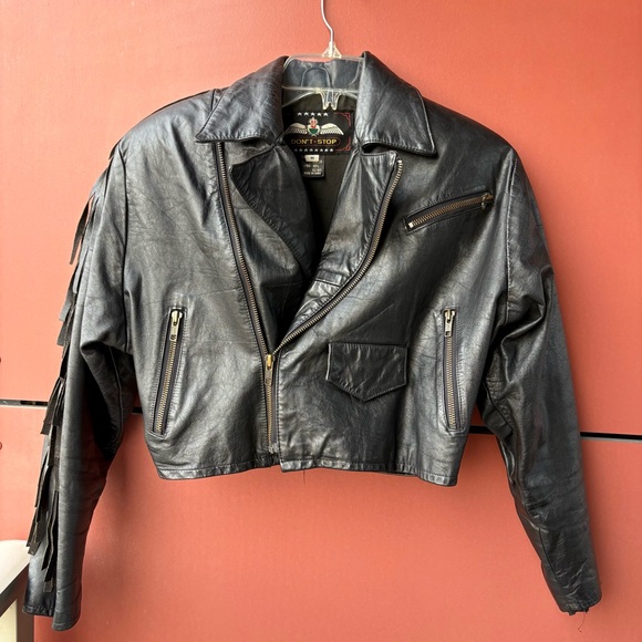 Don’t Stop Vintage Cropped Black Leather Jacket with Fringe Fringes Size S - Picture 3 of 10
